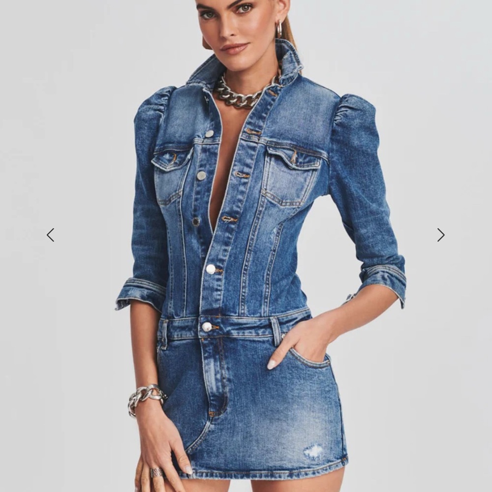 Retrofete Fitted Puff-Shoulder Denim Mini Dress - Blue